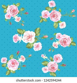 Blue Floral pattern background with roses. Repeating vintage seamless pattern.