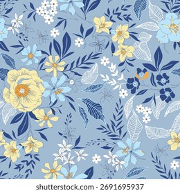 Blue Floral Pattern Background with Yellow  White Blooms