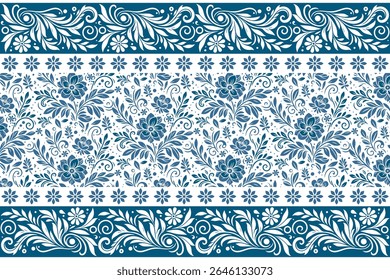 padrão floral azul com borda de arte de linha contínua com pétalas de linha única e esboços de botânica mínima para têxteis

