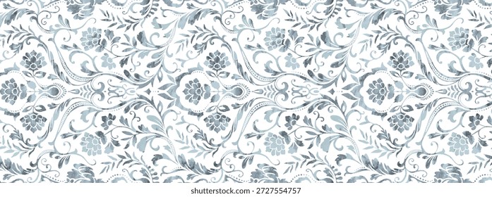 Blue floral pattern and decorations, leaves, flower ornaments. Vector seamless background with flowers and plants. Hand draw texture, doodles.