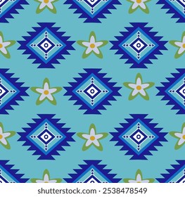 The blue floral pattern is designed with a geometric pattern that blends perfectly and is eye-catching in both textiles. clothing or decoration Vector illustration