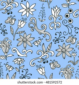 Blue floral pattern with flowers, swirls, insects, butterfly. Seamless botanic texture, detailed hand drawn. Natural in doodle style, summer background. Vector.