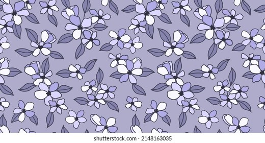 Patrón floral azul, fondo de repetición de vector dibujado a mano, flores ilustradas papel de pared de primavera perfecto, mosaico repetitivo interminable.