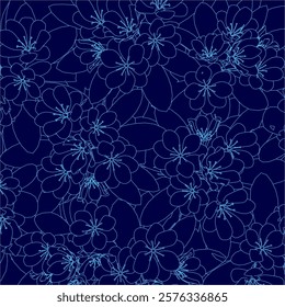 Blue floral pattern with many flowers. The flowers are drawn in blue. The image has a serene and calming mood