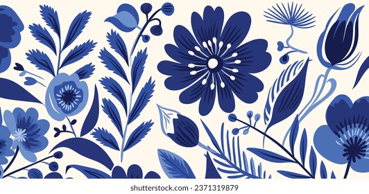 Blue Floral Pattern on Cream Background, in the Style of Henri Matisse, Stencils, Tropical Symbolism, Canvas Texture Emphasis, Bold Outlines, Flat Colors, Hand-Drawn, Carving