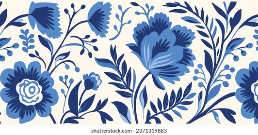 Blue Floral Pattern on Cream Background, in the Style of Henri Matisse, Stencils, Tropical Symbolism, Canvas Texture Emphasis, Bold Outlines, Flat Colors, Hand-Drawn, Carving