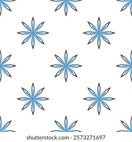 Blue floral pattern on white background. Elegant and symmetrical design ideal for textiles, wallpapers, and other decorative uses.