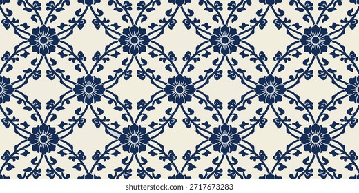 A blue floral pattern on a white background viewed from directly above, displaying a repeating design of intricate flowers.