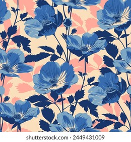 Blue Floral Pattern in Retro Style. Vector illustration