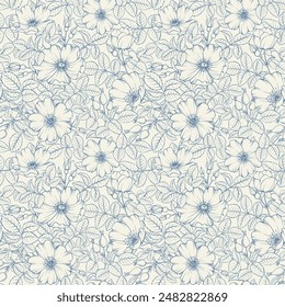 Blue floral pattern with Rose. Botanical rosehip