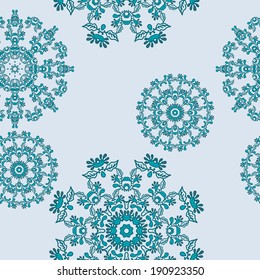 Blue floral pattern with round mandala ornament. Vector illustration.