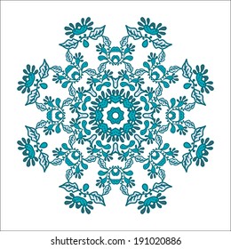 Blue floral pattern with round mandala ornament, isolated. Vector illustration.