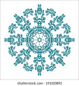 Blue floral pattern with round mandala ornament, isolated. Vector illustration.