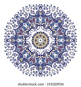 Blue floral pattern with round mandala ornament, isolated. Vector illustration.