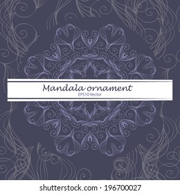 Blue floral pattern with round mandala ornament, isolated. Vector illustration. With place for text.