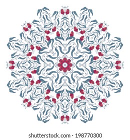 Blue floral pattern with round mandala ornament, isolated. Vector illustration.