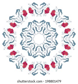 Blue floral pattern with round mandala ornament, isolated. Vector illustration.