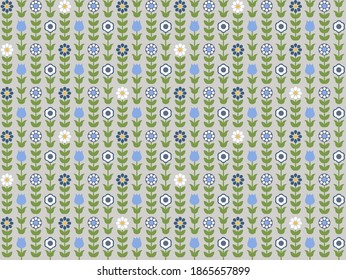 Blue floral pattern. Scandinavian folk flowers retro background design. 