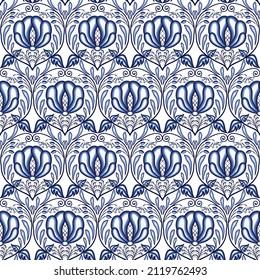 Blue floral pattern Seamless element for design in the style of national porcelain cobalt painting. Repeating tiled background with leaves and flowers. Vector illustration