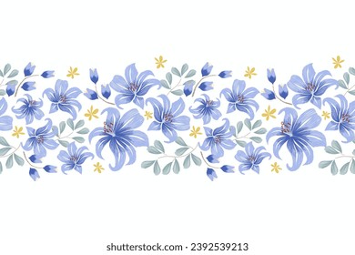 Floral ikat patrón borde sin fisuras.Flores azules pasteles Ikat diseño paisley bordado con motivos florales. Patrón étnico oriental tradicional. Ikat patrón de ilustración vectorial sin fisuras. 