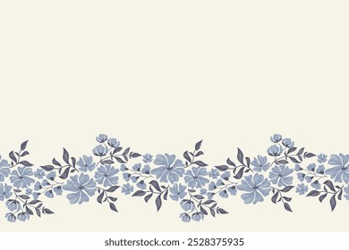 Patrón floral azul bordado sin fisuras de fondo borde de la hoja verde índigo flor Antiguas Ilustración vectorial de estilo mínimo. Dibujado a mano