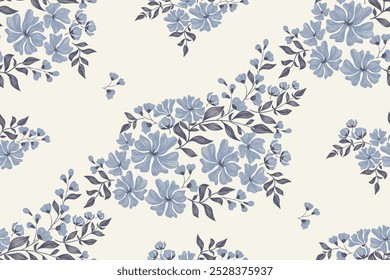 Padrão floral azul bordado sem costura borda de fundo índigo verde folha flor Vintage estilo mínimo vetor ilustração. Desenhado à mão