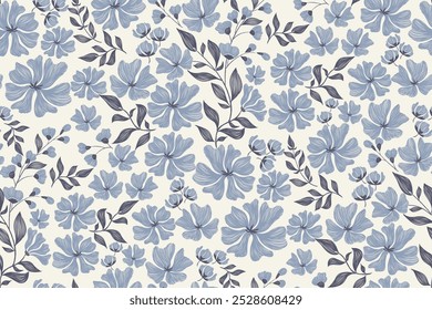 Blaues Blumenmuster nahtlose Stickerei Hintergrund Rand Indigo grünes Blatt Blume Vintage minimalen Stil Vektorgrafik. handgezeichnet