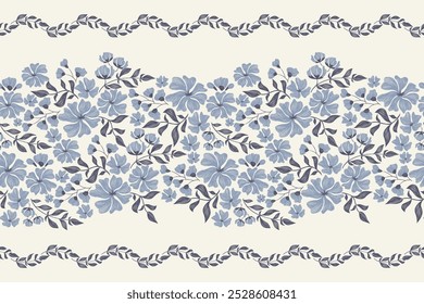 Blaues Blumenmuster nahtlose Stickerei Hintergrund Rand Indigo grünes Blatt Blume Vintage minimalen Stil Vektorgrafik. handgezeichnet