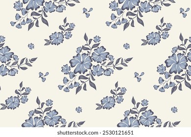 Padrão floral azul bordado sem costura borda de fundo índigo verde folha flor Vintage estilo mínimo vetor ilustração. Desenhado à mão