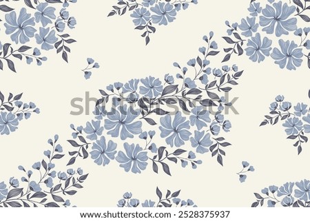 Blue Floral pattern seamless embroidery background border indigo green leaf flower Vintage minimal style vector illustration. Hand drawn