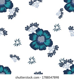 Blue Floral Pattern Seamless Vector Illustration. Great for fabrics, textiles, wallpapers, backgrounds, 