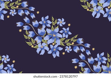 Blue floral pattern seamless vector illustration with green leaves branches. Batik vintage design 