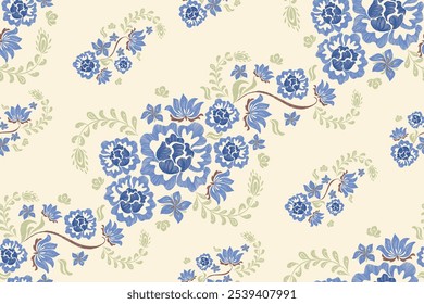 Patrón floral azul seamless.Antiguas flores Ikat diseño paisley bordado con motivos florales. Patrón étnico oriental tradicional. Ikat patrón de Ilustración vectorial sin fisuras. 