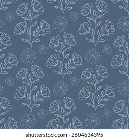 A blue floral pattern with white flowers and leaves. The flowers are drawn in a stylized way, and the pattern is repeated throughout the image. Scene is calm and serene, with the blue