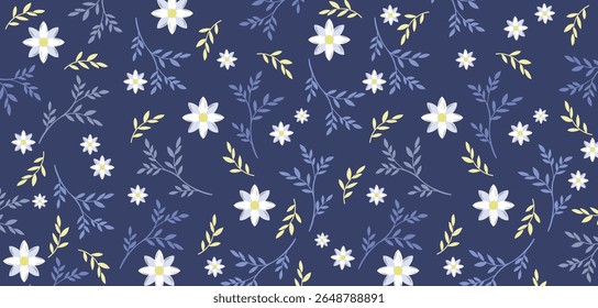 Patrón floral azul con flores blancas y amarillas y diseño de hojas sobre fondo azul. Se utiliza para cuadernos, Fondos de pantalla, fondos, revistas, tarjetas.