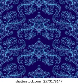 Blue floral patterned fabric with a blue background. The blue pattern is very intricate and detailed