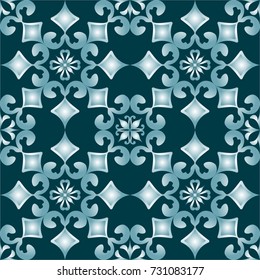 Blue Floral Patterns on green background. Flower ornament. Abstract motif. Ethnic motif. Fashionable decorative design. Boho style. Wallpaper