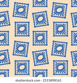 Ilustración de patrón transparente de sello de postal floral azul. Diseño de fondo de flores de estilo Antiguas. Antiguo correo postal impresión de Fondo de pantalla, primavera temporada naturaleza telón de fondo sello postal con flores.