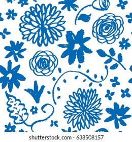 Blue floral print on the white background. Summer flowers illustration. Hand drawn doodle. Vector seamless pattern.