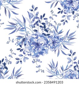 Blue floral print. Rose flowers, leaves bouquets, white background.  Vector illustration. Seamless pattern. Botanical design. Nature summer garden plants