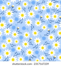 blue floral print. white ditsy daisy flower seamless pattern. good for fabric, fashion design, summer spring dress, kimono, pajama, wallpaper, textile, background.