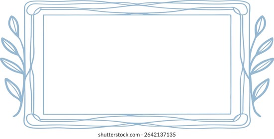 Blue floral rectangular border with symmetrical leaf curls and hand-drawn elegance  Perfect for invitations, packaging, decorative cards, and vintage styled artistic label designs.