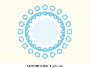 Blue floral round frame with a light yellow background. Vector greeting card template. Artwork for a poster, shirt, pillow, home decor.