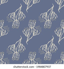 Blauer Blumenmusterndruck. Nahtloser minimaler Modedoodle-Hintergrund. Stille Geschlecht inklusive gezeichnete Blumenmotive Textur. Playful Kind Zimmer Tapete Vektorwiederholung.