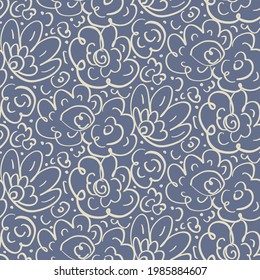 Blue floral scandi pattern print. Seamless minimal fashion doodle background. Calm gender inclusive drawn flower motif texture . Playful kid room wallpaper vector repeat.