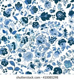Blue Floral seamless background pattern wallpaper with flowers. Vector illustration. Blue and white vector seamless pattern.