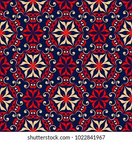 Blue floral seamless background with red and beige pattern. Background for wallpapers, textile and fabrics