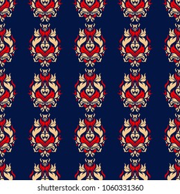 Blue floral seamless background with red and beige pattern. Background for wallpapers, textile and fabrics