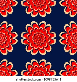 Blue floral seamless background with red and beige pattern. Background for wallpapers, textile and fabrics