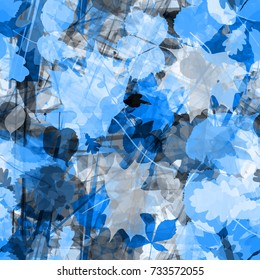 Blue floral seamless background with stripes and leaves. Abstract pattern. Watercolor effect. Transparency. Overlay. Overlap